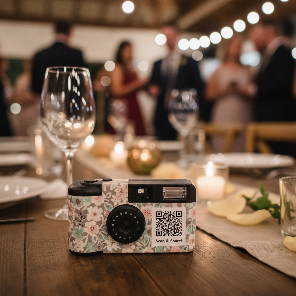 Vintage disposable camera with QR code sticker at wedding reception