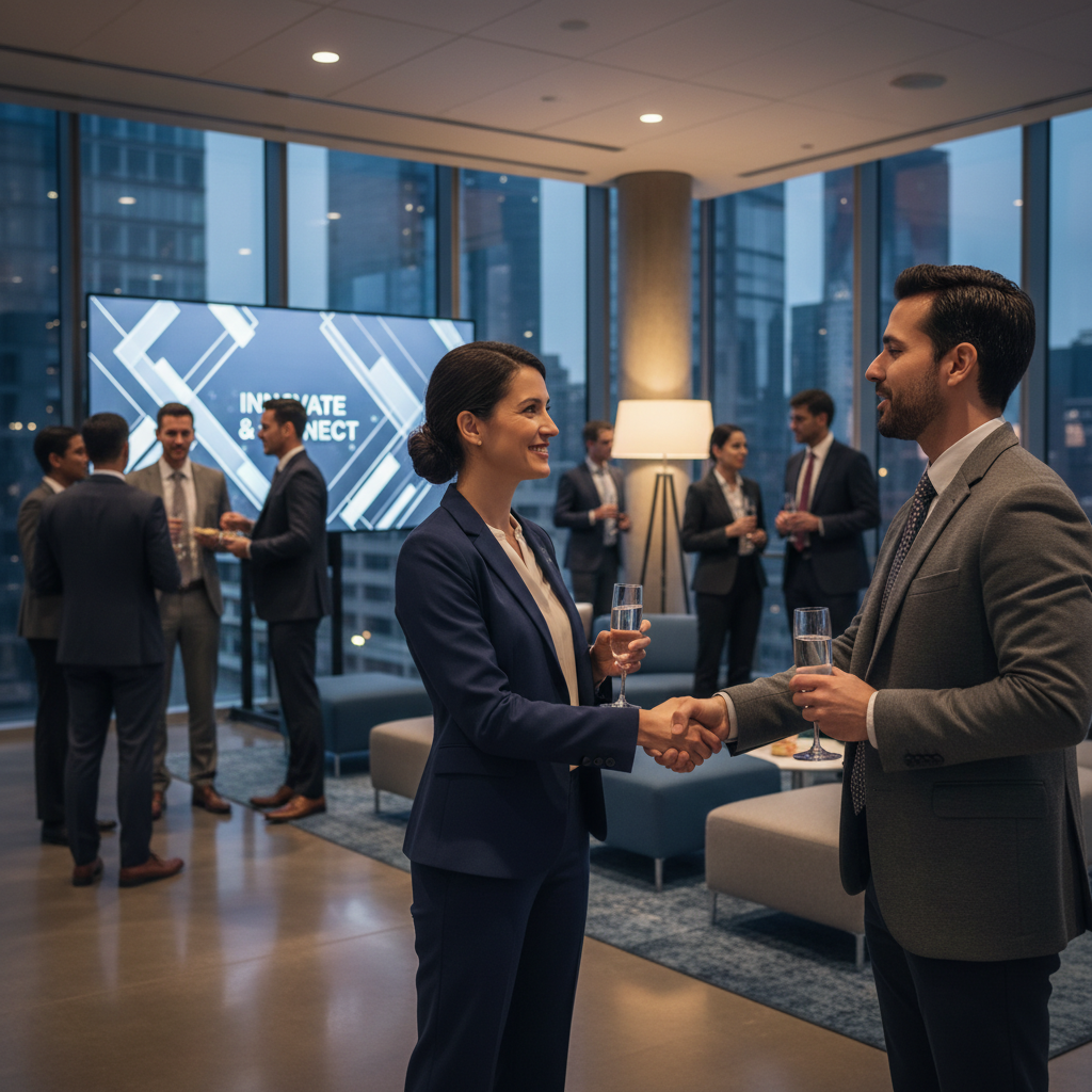 Professional networking at corporate event