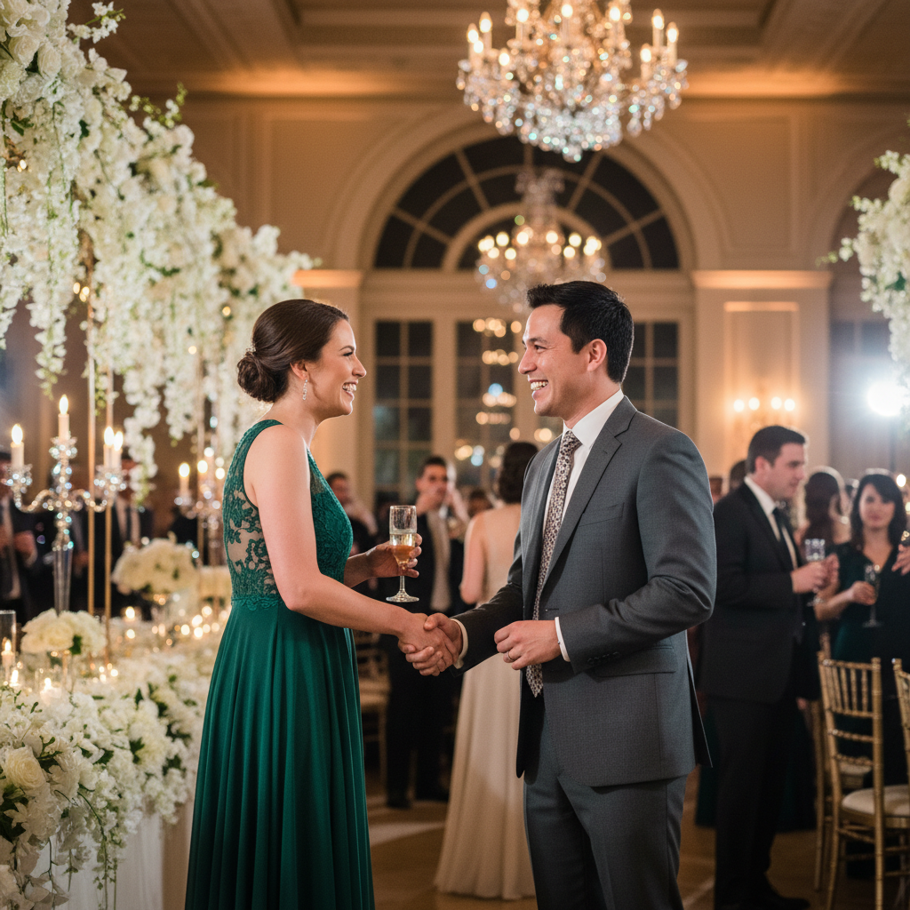 Two people meeting at wedding reception