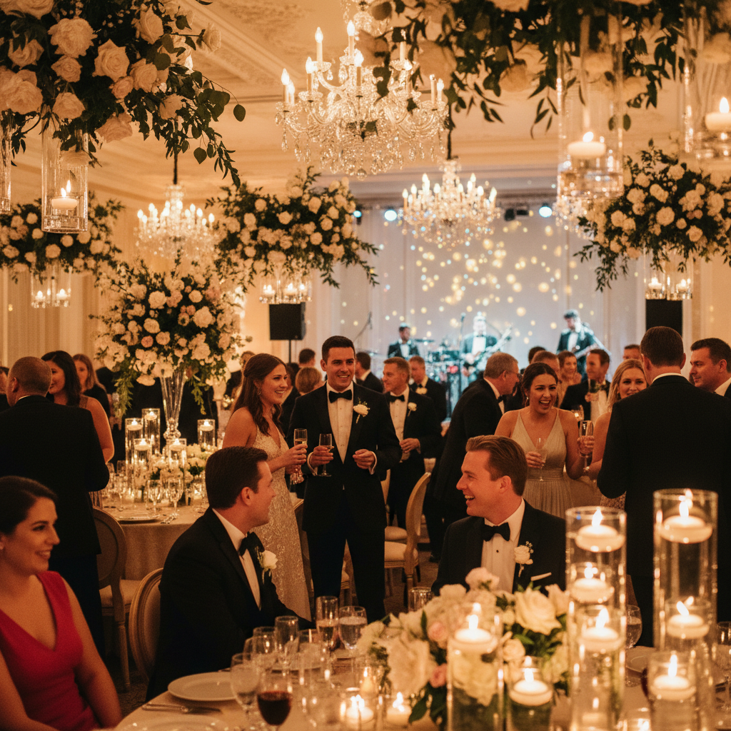 Elegant wedding reception with guests mingling