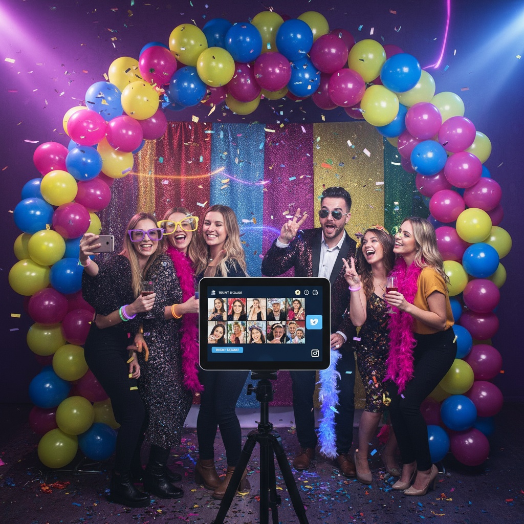 Party guests using photo sharing app on smartphones