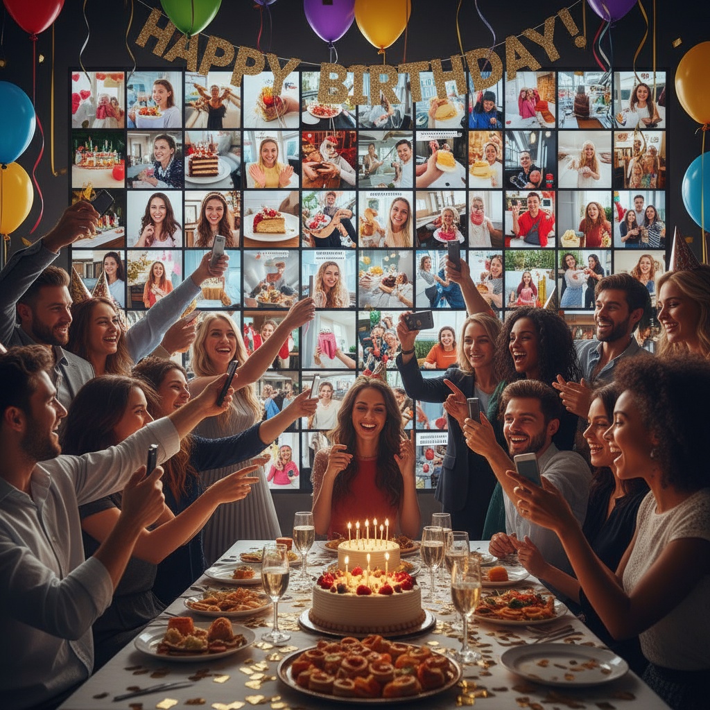 Party photo display screen showing live guest uploads