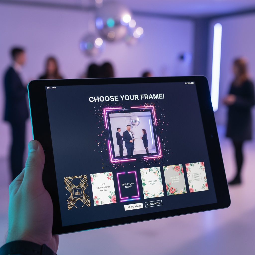 Digital photo booth template display on tablet with customizable designs