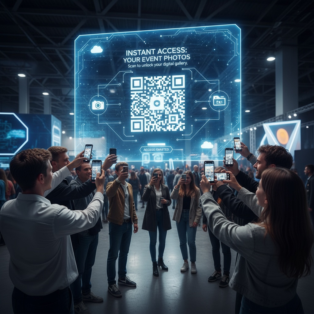 Event attendees scanning QR code to access digital photo storage system