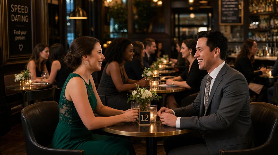 Professional speed networking at a modern tech conference with paired attendees