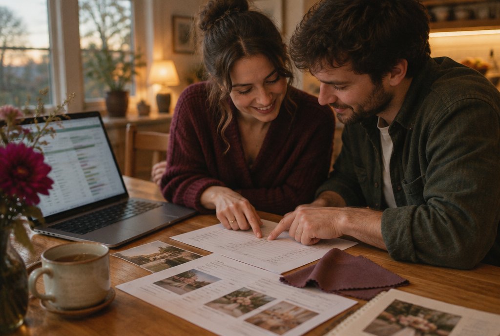 Couple planning their wedding budget together at the kitchen table