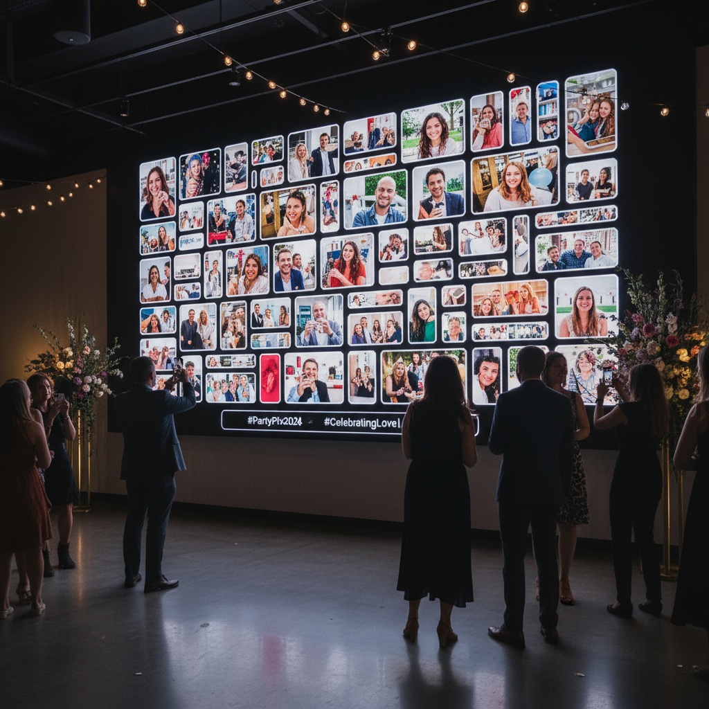 Large screen displaying live wedding photo wall at reception