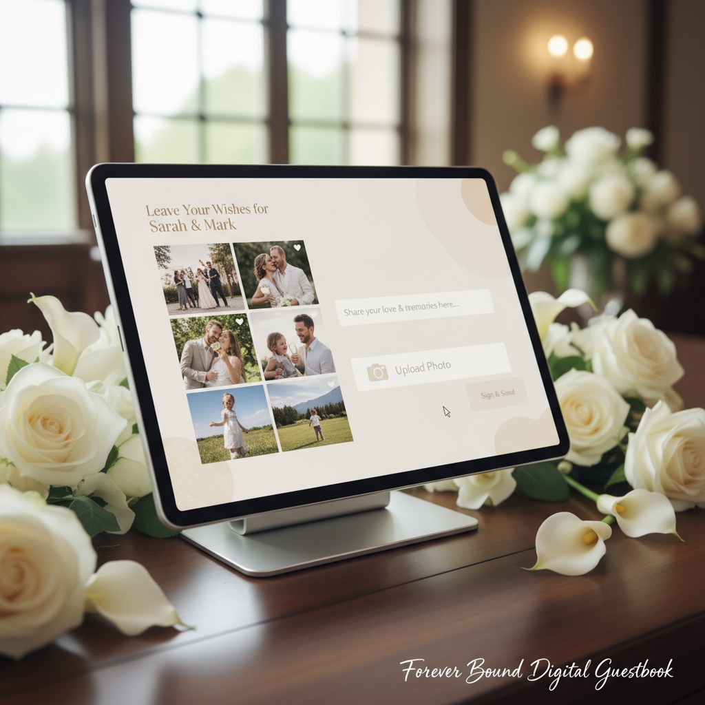 Wedding reception with live photo gallery displayed on screens