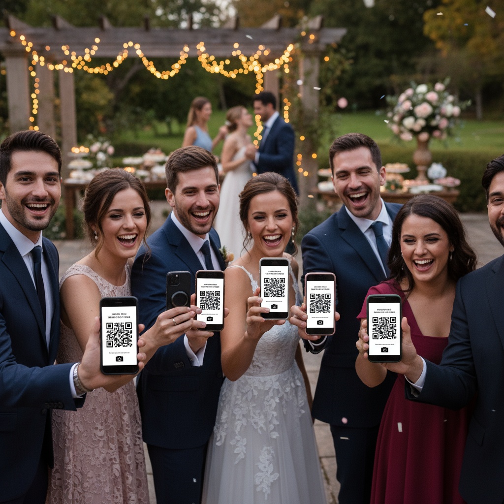 Wedding reception screen showing carousel of guest uploaded photos