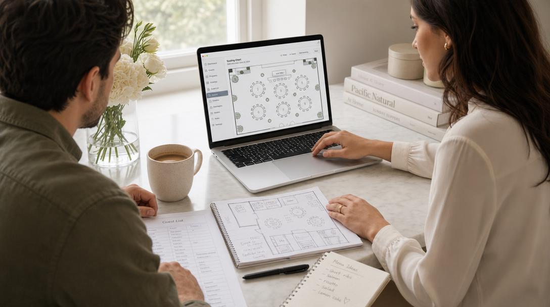 Couple planning their wedding seating chart on a laptop