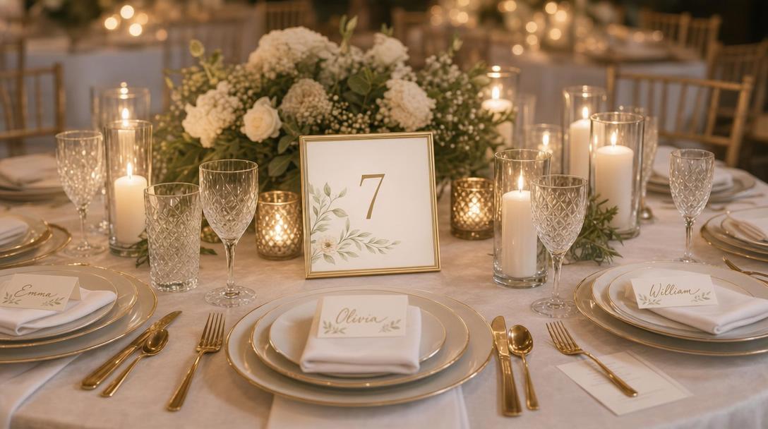 Wedding reception table with numbered table sign and place cards