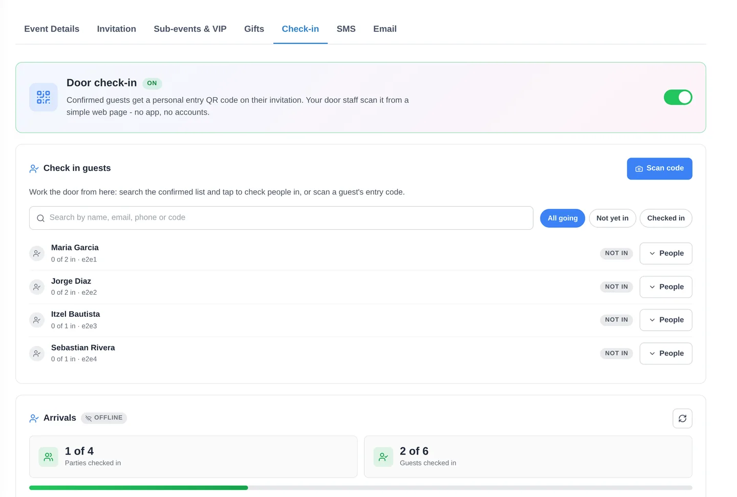 The Fotify check-in tab with attendance settings and door staff access