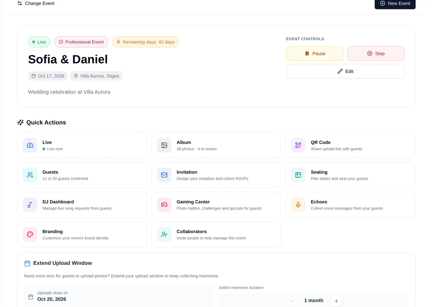 The Fotify event dashboard with quick actions for live display, album, guests, seating and more