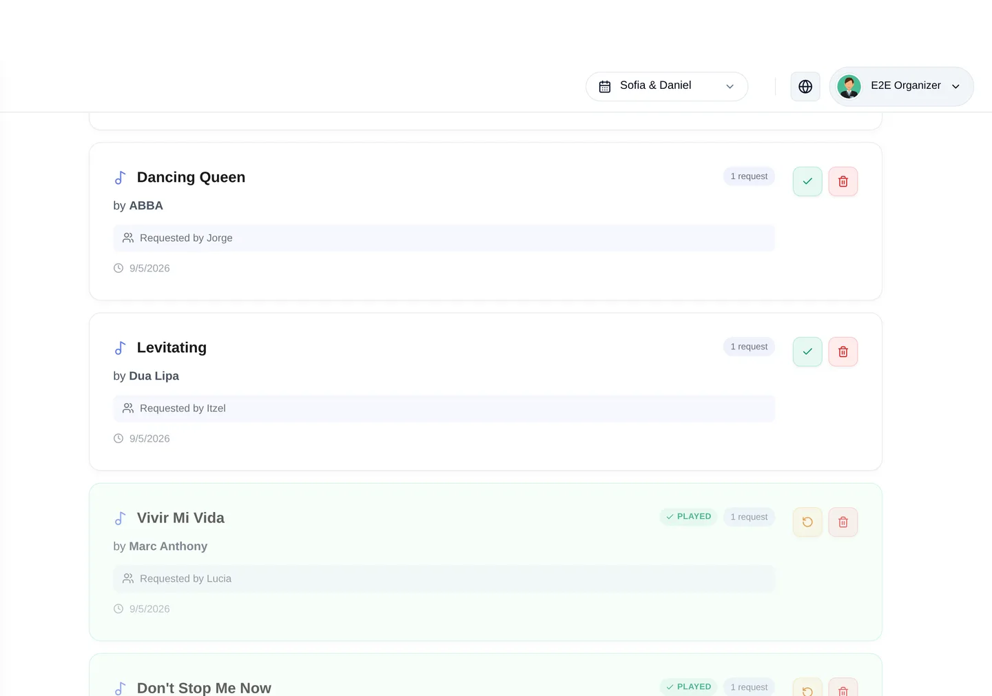 The Fotify DJ dashboard with the guest request form link and the live request display
