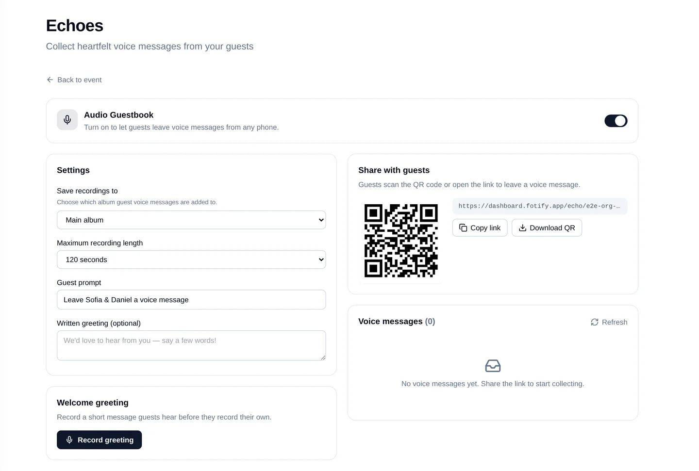 The Fotify Echoes audio guestbook settings with a recording prompt for guests