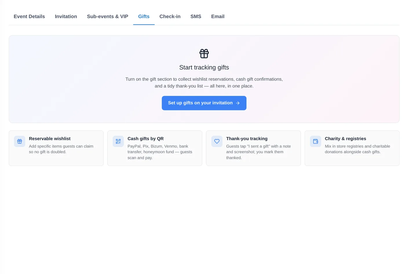 The Fotify gifts tab with a reservable wishlist, cash gifts by QR and thank-you tracking