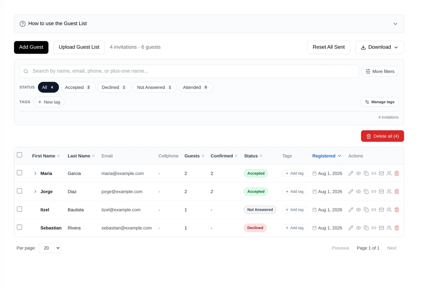 The Fotify guest list with parties, tags and RSVP status