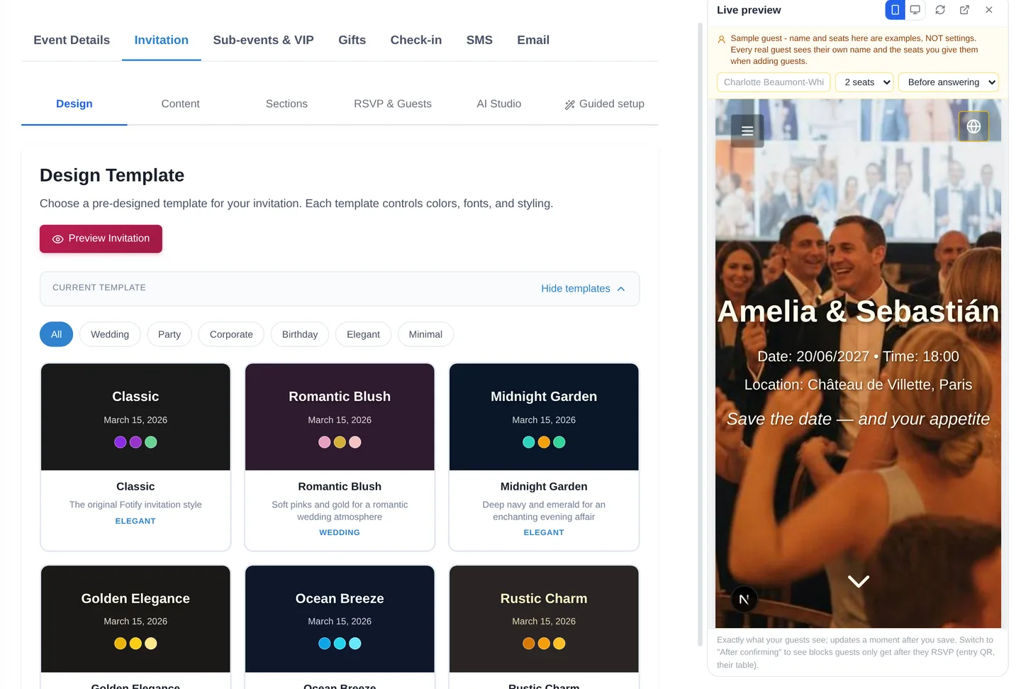 The Fotify invitation editor with the live guest preview beside the design controls