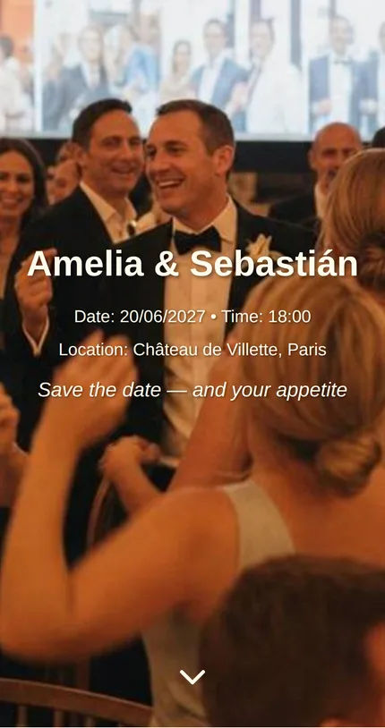 A premium Fotify invitation rendered on a phone, showing the cover, date and RSVP