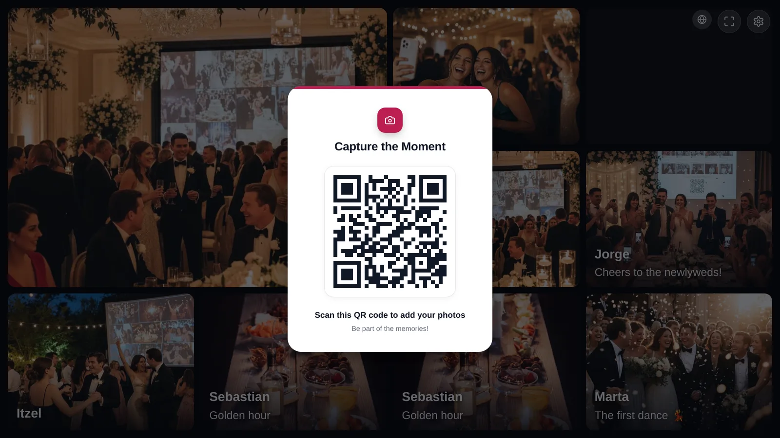 The Fotify live carousel filling a screen with a guest photo and the uploader's name