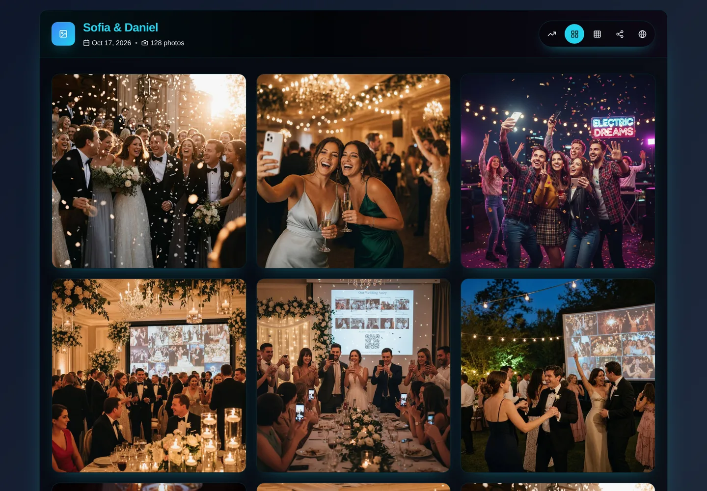 The Fotify public album showing guest photos from a wedding in a grid