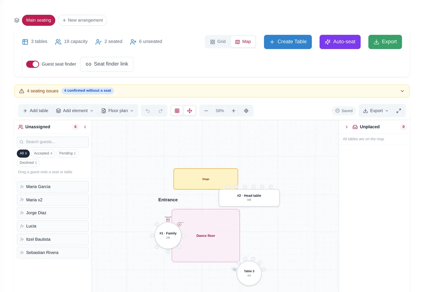 The Fotify seating planner with tables, unassigned guests and auto-seat controls