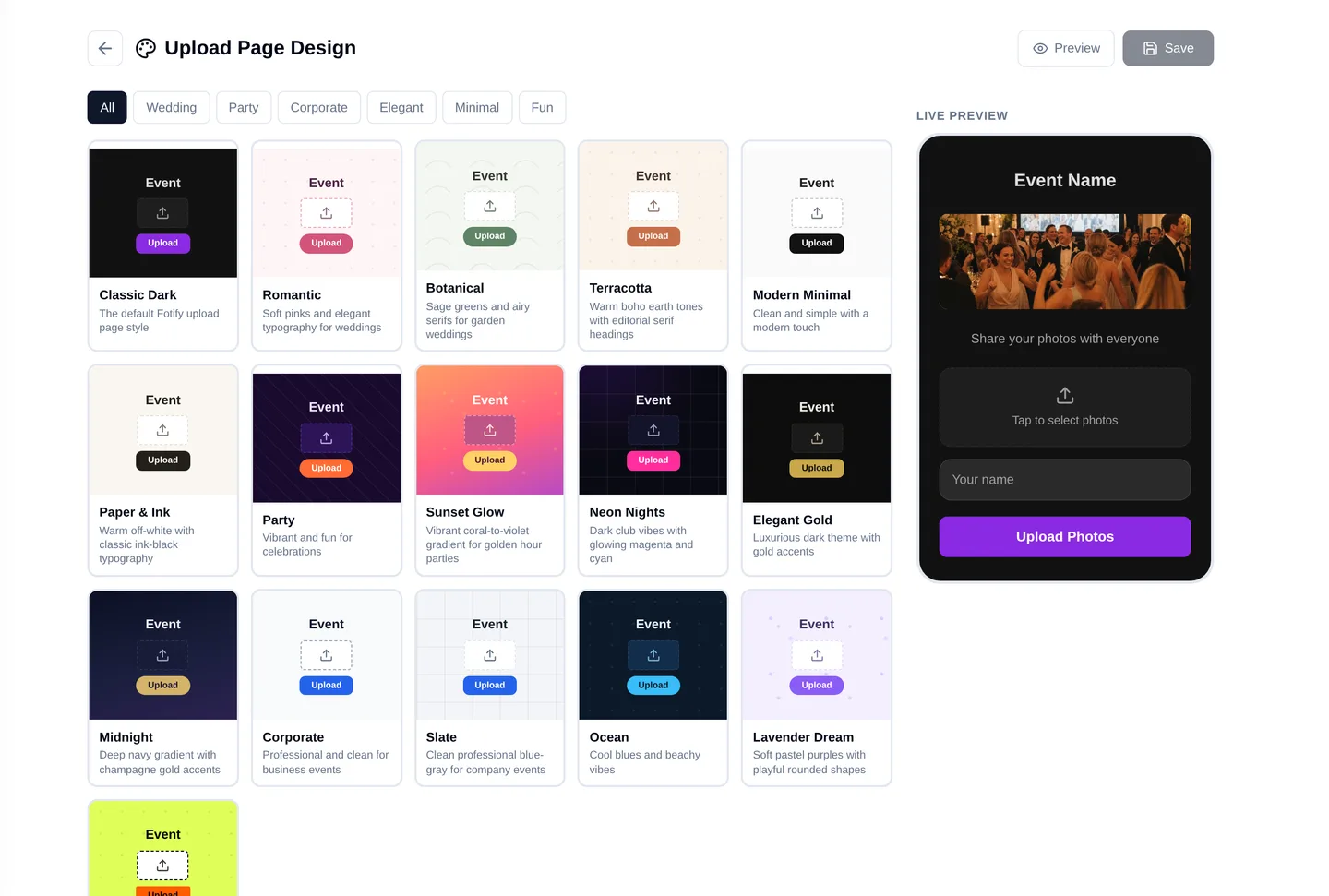 The Fotify upload page designer with template and colour controls beside a live preview