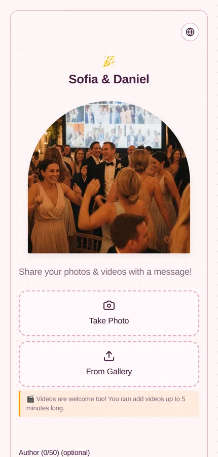 The Fotify guest upload page on a phone, showing the upload button and the event's recent photos