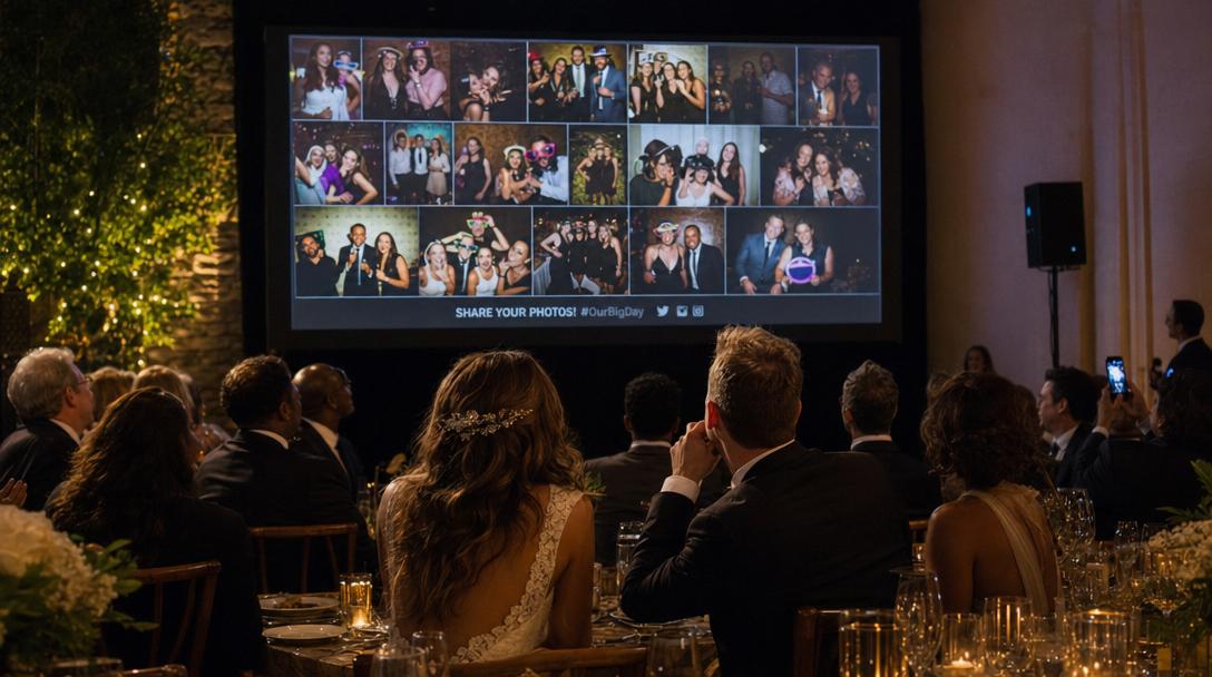 Wedding reception with photos appearing on a live slideshow screen