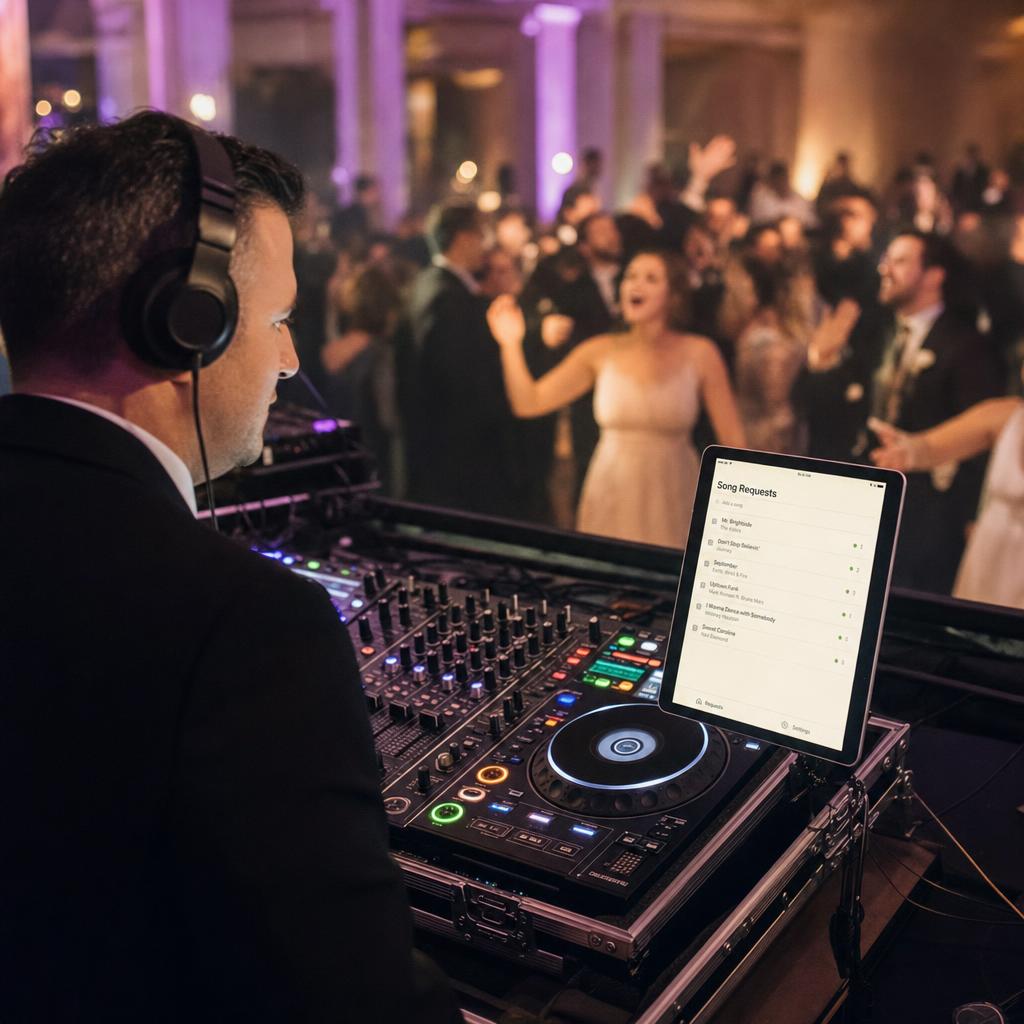 DJ managing song requests on tablet at wedding reception