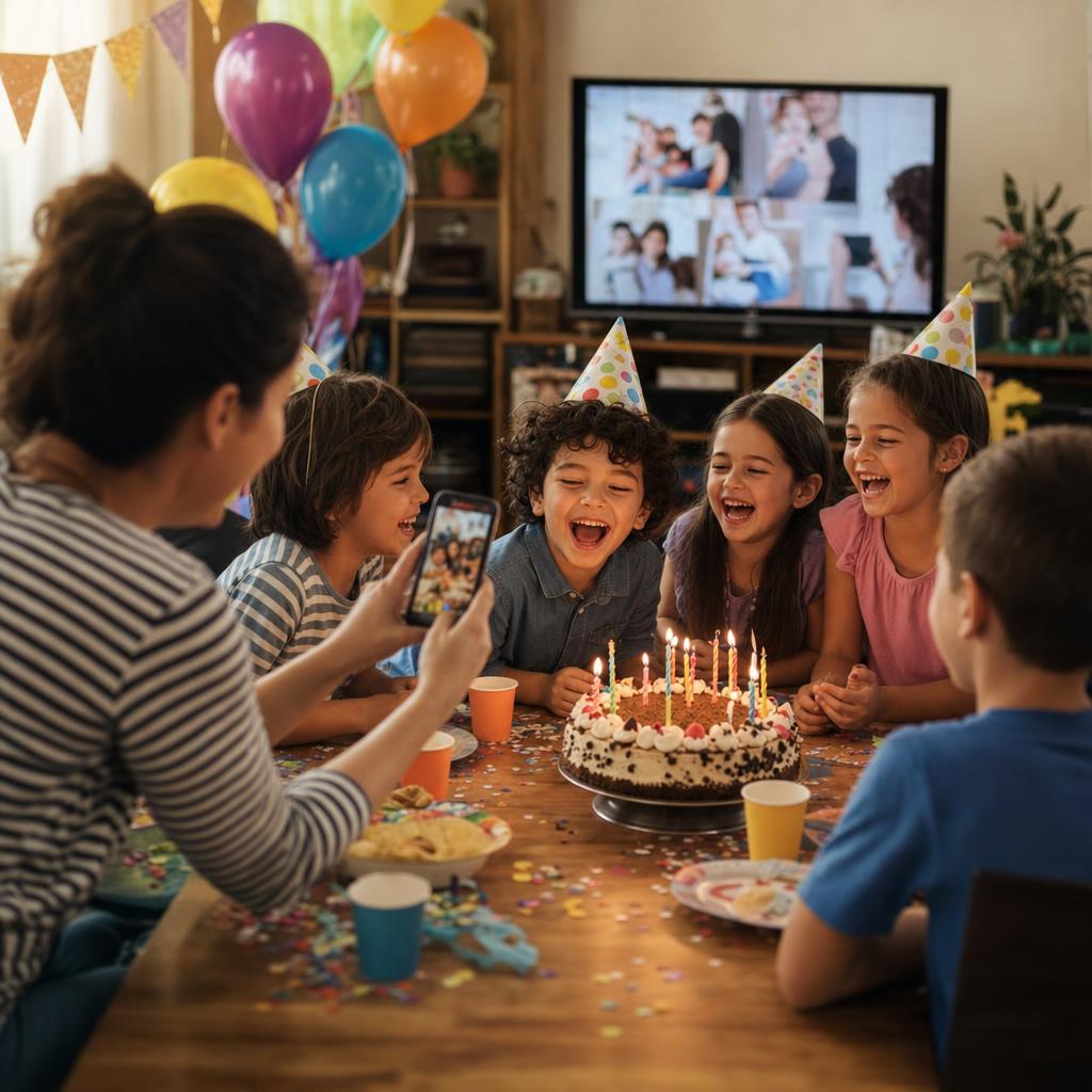 Birthday party guests scanning QR code