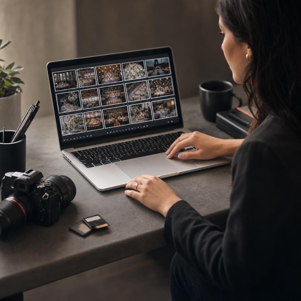Event photo sharing setup on laptop
