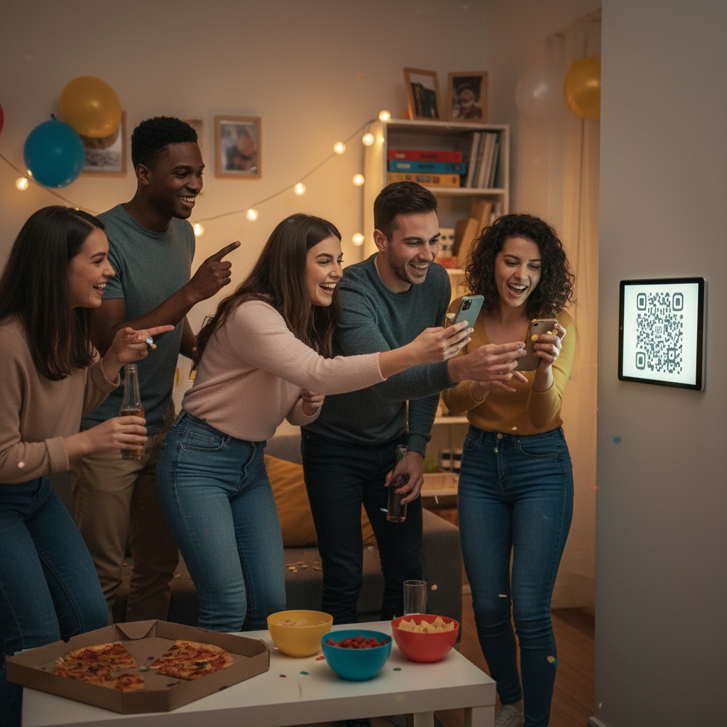 Friends scanning QR at house party