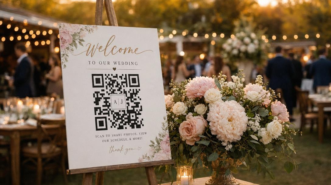 Wedding welcome sign with QR code on wooden easel