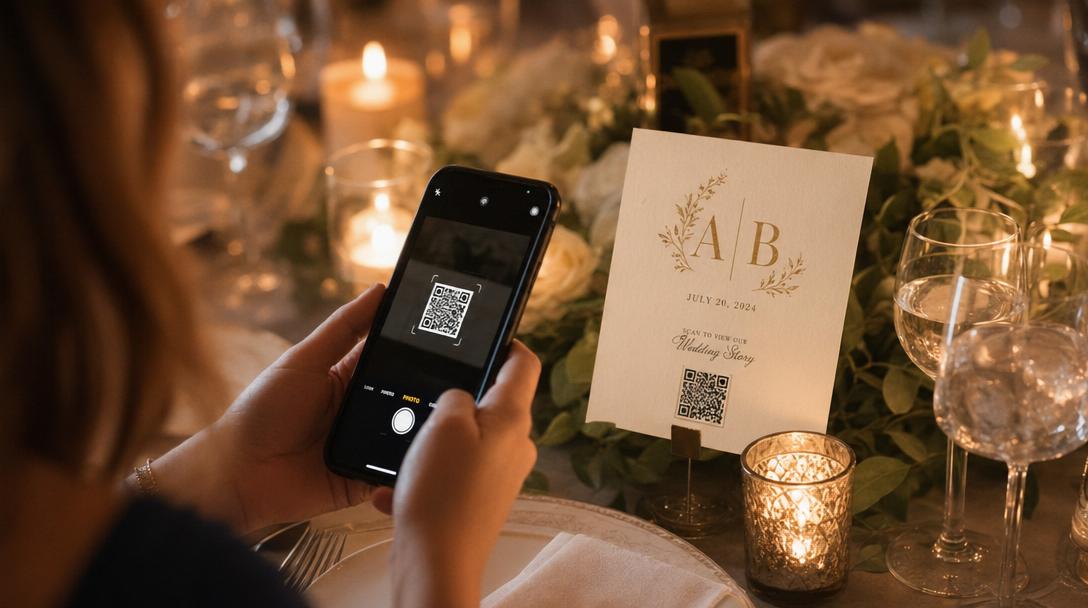 Wedding guest scanning a QR code on a wedding stationery card