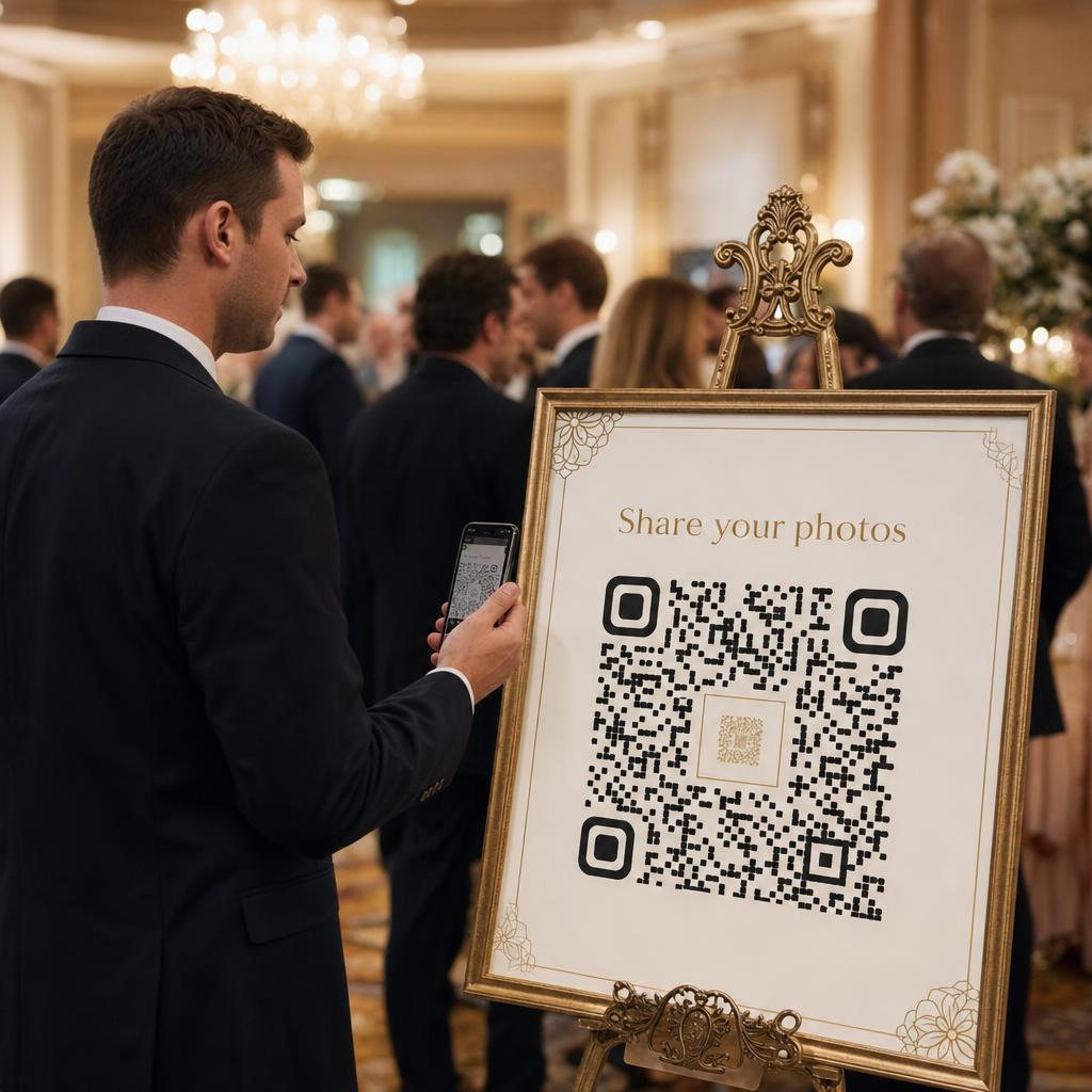Wedding guests scanning QR code to upload photos