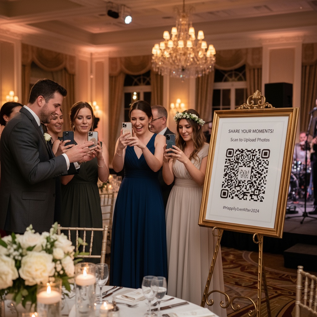Wedding guests scanning QR code to upload photos
