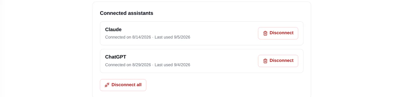 The list of assistants connected to an account, each with a disconnect button