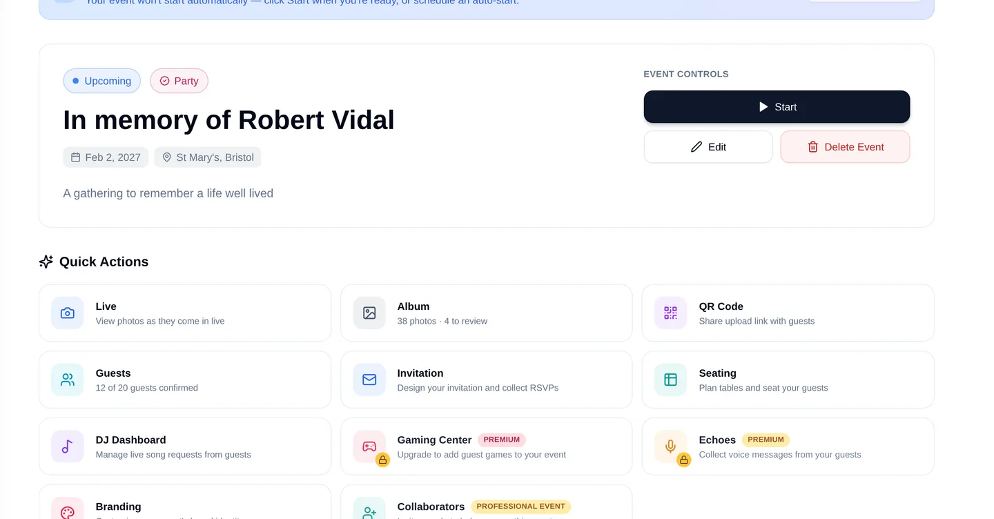 The organizer dashboard with the event overview